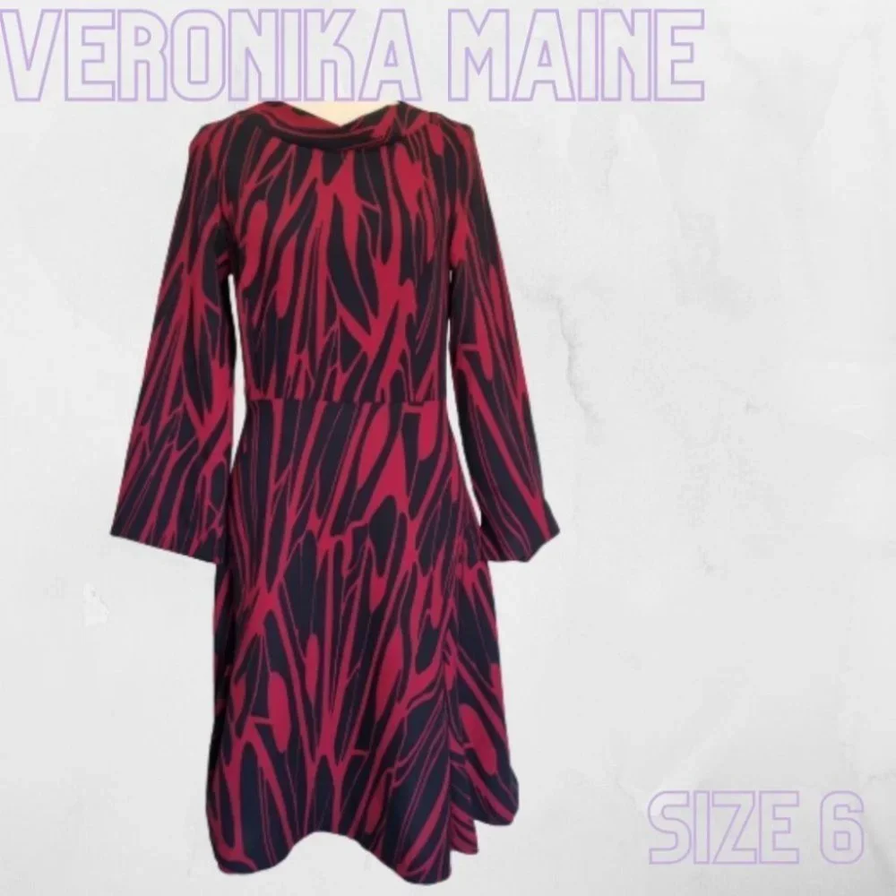 Veronika Maine Black & Red Stripe Long Sleeve A-Line Dress Size 6 - Picture 1 of 8
